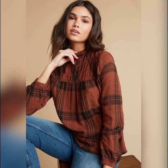 Bella Dahl Tops - Bella Dahl Smocked Bishop Check Top